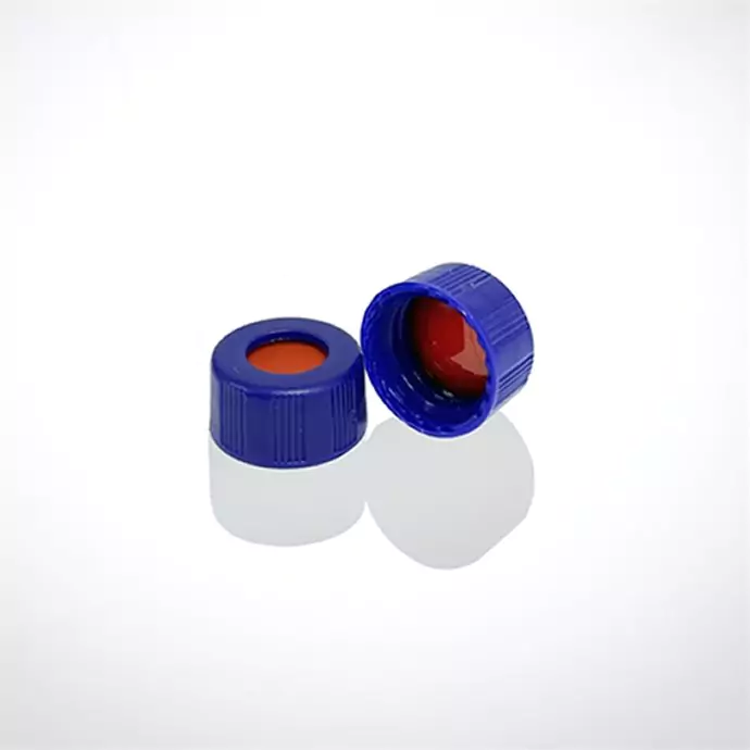 Blue 9-425 Open Top Ribbed Screw Cap with 9mm Septa Polyimide or Silicone 1mm Thick suitable for PFAS testing